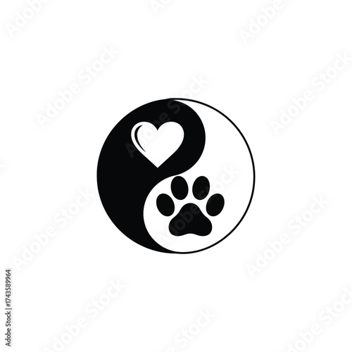 Yin Yang Symbol with Heart and Paw Print - Love for Animals