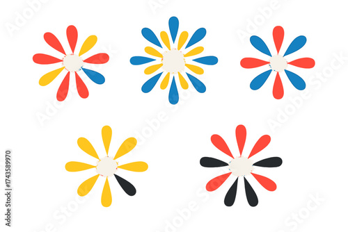 Colorful abstract floral shapes set with radiating petals in primary colors on a white background