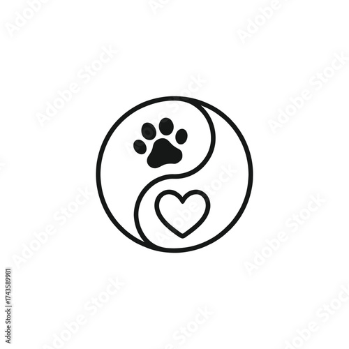 Yin Yang symbol with paw print and heart, representing animal love and balance