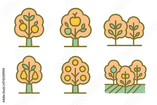 Stylized icons of fruit bearing trees and agricultural fields in an orchard