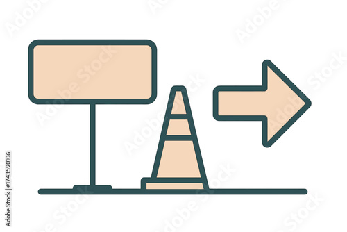 Road sign, traffic cone, and directional arrow indicating detour or construction zone