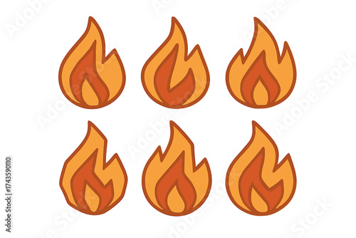 Set of six different stylized burning flames representing heat and energy in warm colors
