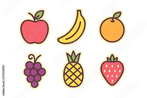 Colorful set of six fresh fruits: apple, banana, orange, grapes, pineapple, and strawberry