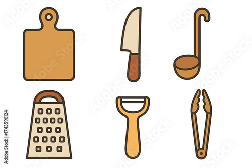 Set of essential cooking tools and kitchen utensils including knife, cutting board, ladle, grater, peeler, and tongs