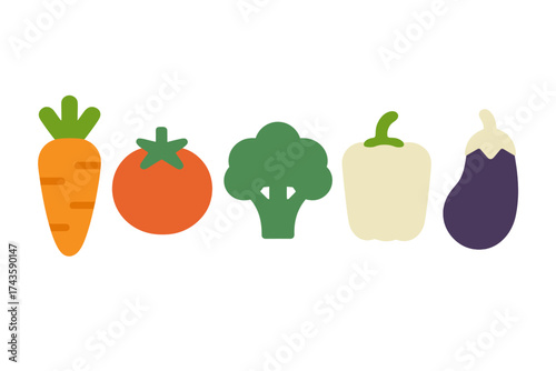 Colorful collection of fresh organic vegetables: carrot, tomato, broccoli, pepper, and eggplant in a row