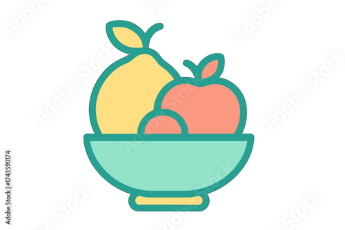 Stylized graphic icon of a bowl filled with fresh fruit including a pear and an apple