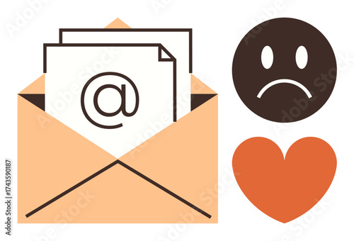 Open envelope with email symbol, sad face, and heart icons. Ideal for communication, emotions, relationships, feedback, messaging connectivity and online interaction themes. Simple flat metaphor