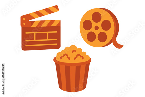 Essential elements of cinema entertainment featuring clapperboard, film reel, and popcorn bucket