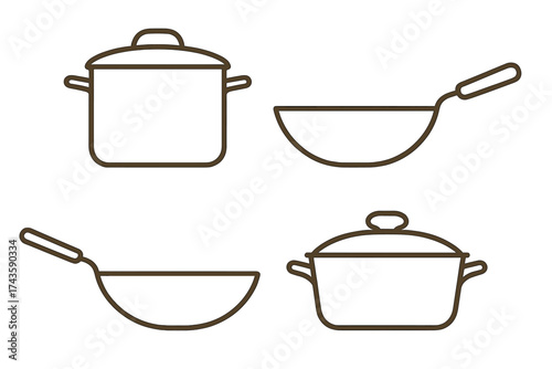 Minimalist outline style kitchen cookware set including pots and frying pans