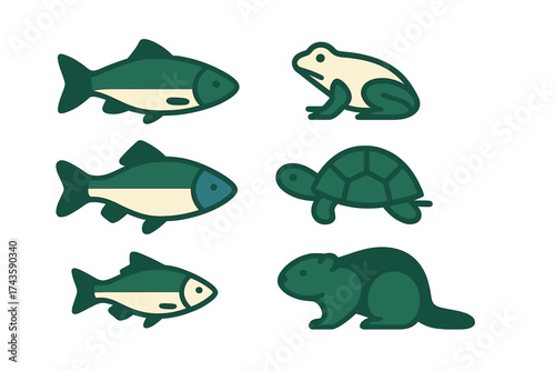 Set of simple graphic icons depicting freshwater wildlife: fish, frog, turtle, and beaver