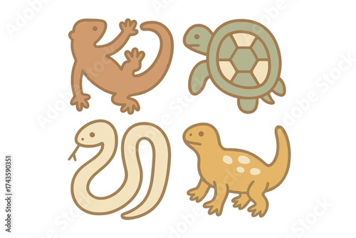 Collection of four cute stylized reptile animals including a lizard, turtle, snake, and gecko isolated on white background