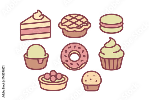 Minimal outline graphic set of popular sweet desserts and baked goods