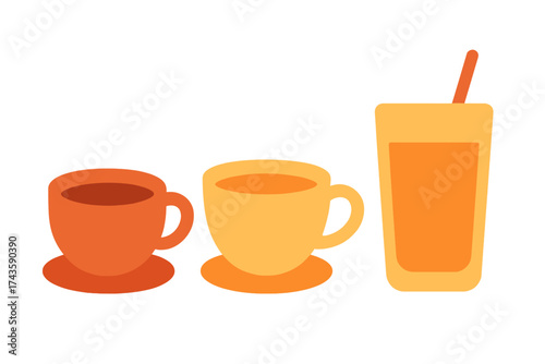 Stylized graphic showing two cups of hot drinks and a glass of cold juice