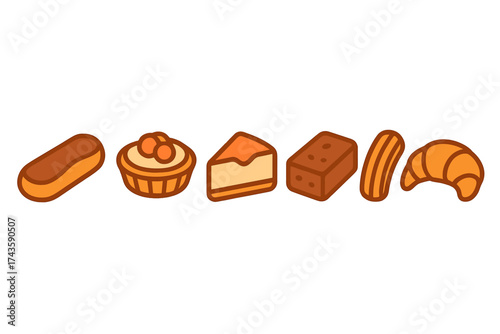 Collection of delicious bakery desserts and sweet treats icons including eclair and croissant
