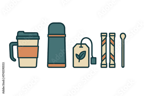 Set of icons for hot beverages including coffee cup, thermos flask, and tea supplies