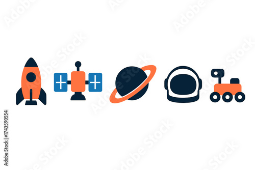 Space exploration icons set featuring rocket, satellite, planet, astronaut helmet, and rover