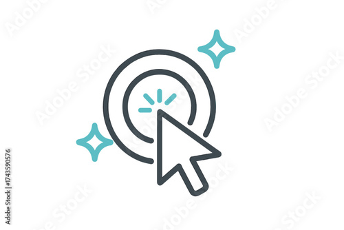 Digital cursor arrow selecting a central target icon with surrounding sparkle effects