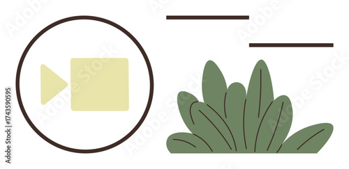 Camera icon enclosed in a circle next to green foliage and horizontal lines. Ideal for nature, recording, technology, creativity, media, video production, and sustainability. A simple flat metaphor