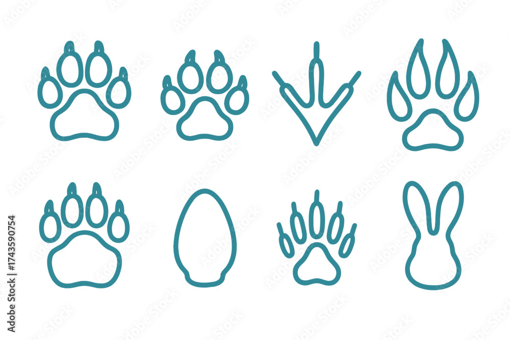Fototapeta premium Collection of various wild and domestic animal paw prints and tracks outlines set