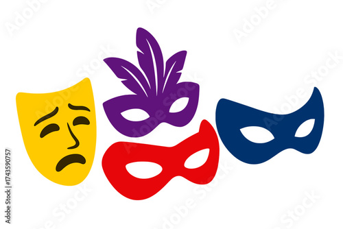 Collection of colorful theatrical and masquerade masks including a sad face drama mask