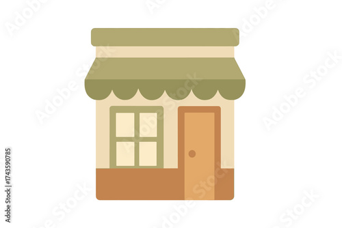 Small business storefront building exterior with green awning and window display