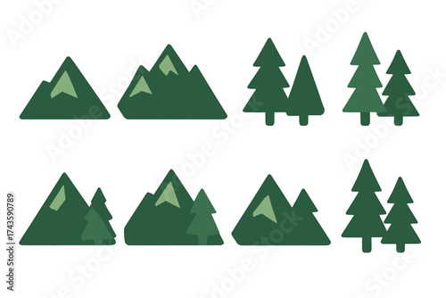 Minimalist geometric icons featuring mountains and evergreen forest elements in dark green