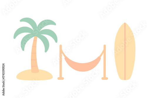 Tropical beach vacation elements set featuring palm tree, relaxing hammock, and surfboard