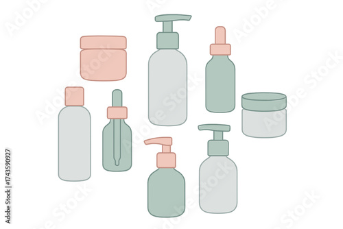 Assortment of modern skincare product packaging containers with soft pastel tones
