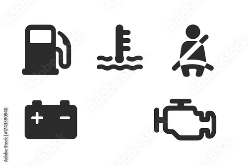 Essential vehicle dashboard warning symbols set including fuel, temperature, battery, seatbelt, and engine check indicators
