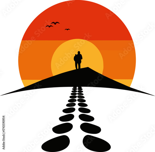 Footsteps walking toward a sunrise horizon. black Silhouette  , white background 