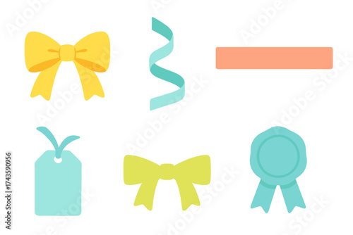 Colorful decorative elements set featuring bows, ribbons, tags, and a rosette medal