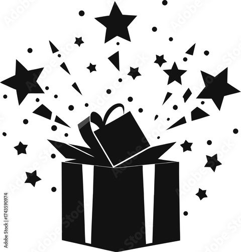 Gift box exploding with confetti shaped like stars. black Silhouette  , white background 