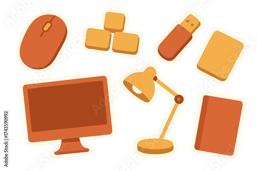 Stylized essential workspace technology items computer monitor mouse desk lamp flash drive