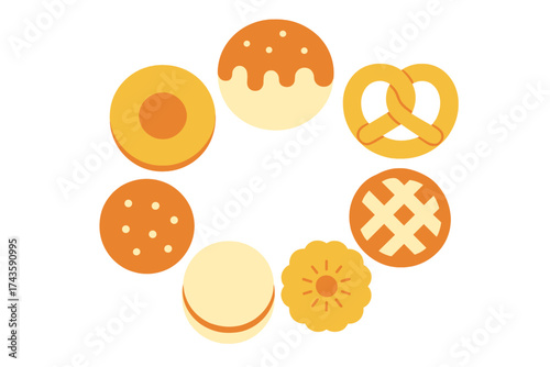 Collection of sweet baked goods and desserts arranged in a circular pattern