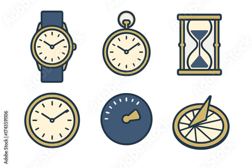 Set of various timepieces including wristwatch, pocket watch, hourglass, and sundial