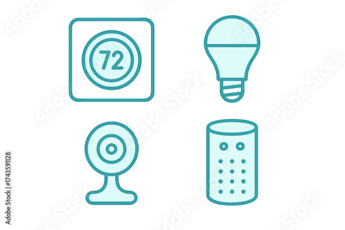 Digital thermostat, LED light bulb, security camera, and smart speaker device icons