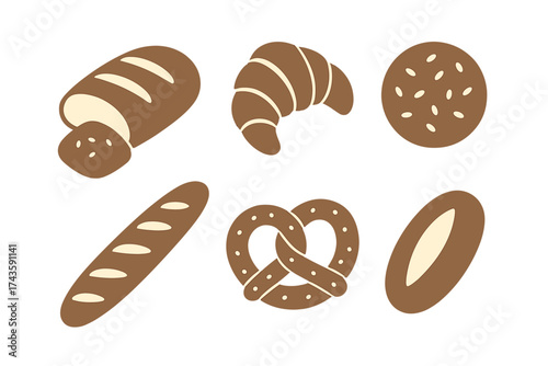 Collection of various baked goods including loaf of bread, croissant, baguette, pretzel, and bun