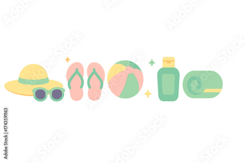 Essential summer vacation accessories collection featuring sun hat, sunglasses, flip flops, beach ball, and sunscreen bottle