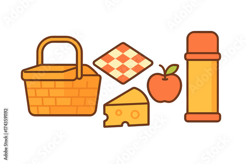 Wicker basket, food, and thermos flask arranged for a summer picnic