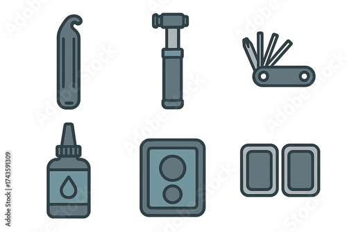 Collection of essential bicycle repair tools and maintenance equipment icons
