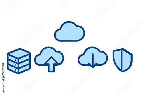 Essential cloud computing and data storage symbols featuring server, transfer, and security
