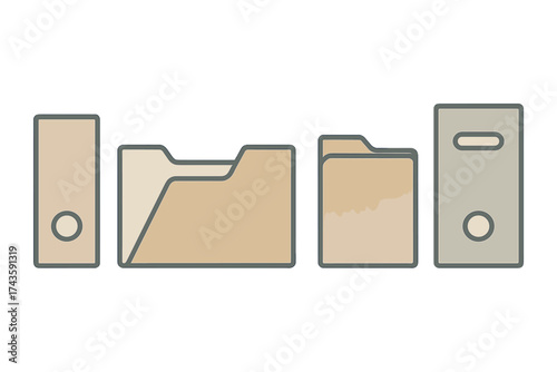 Minimalist set of digital icons showing open and closed file folders and archive binders