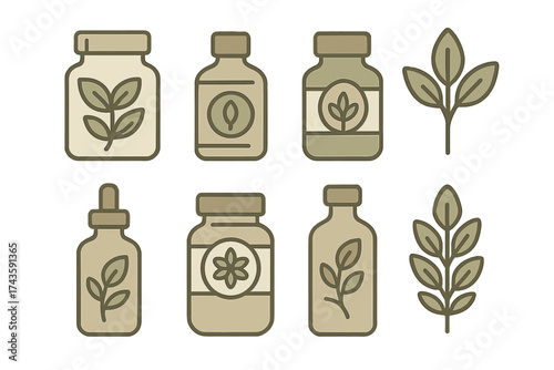 Icons of natural supplements, essential oils, and herbal remedies in jars and bottles