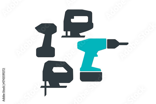 Collection of cordless electric power tools for construction and DIY projects