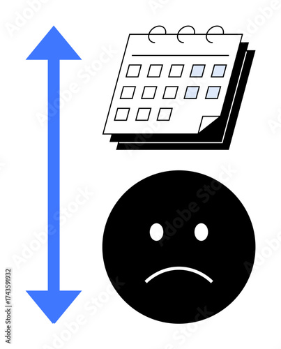 Calendar pages, sad face, and vertical blue arrow indicating duration. Ideal for time management, stress, emotion tracking, deadlines, mental health, mood analysis simple flat metaphor