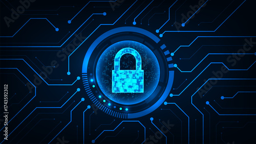 Abstract lock digital tech circle technology with line circuit futuristic blue background