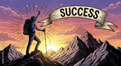 Achieving goals, a mountain climber's journey towards success and accomplishment amidst nature