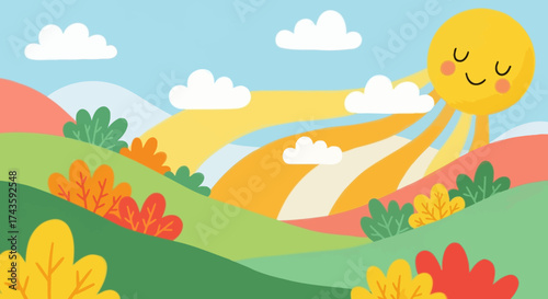 Cheerful countryside scene with smiling sun, rolling hills, and playful clouds illustration