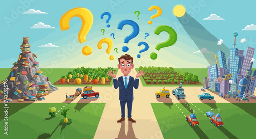 Cartoon illustration of confused businessman at crossroads with diverse life choices ahead