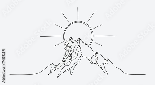 The relentless pursuit: an individual ascendant on a mountain peak against the rising sun